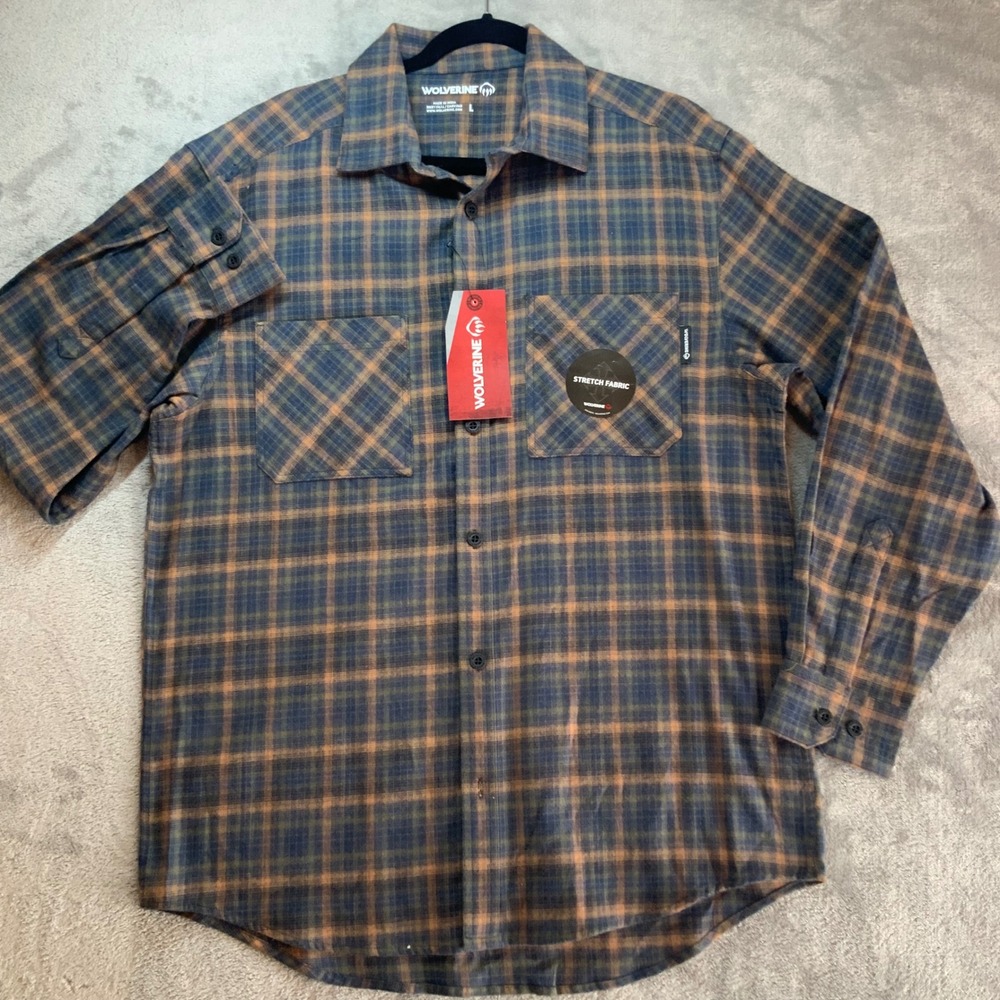 Wolverine Mens Plaid Flannel Shirt Long Sleeve Stretch Fabric Blue Orange Large